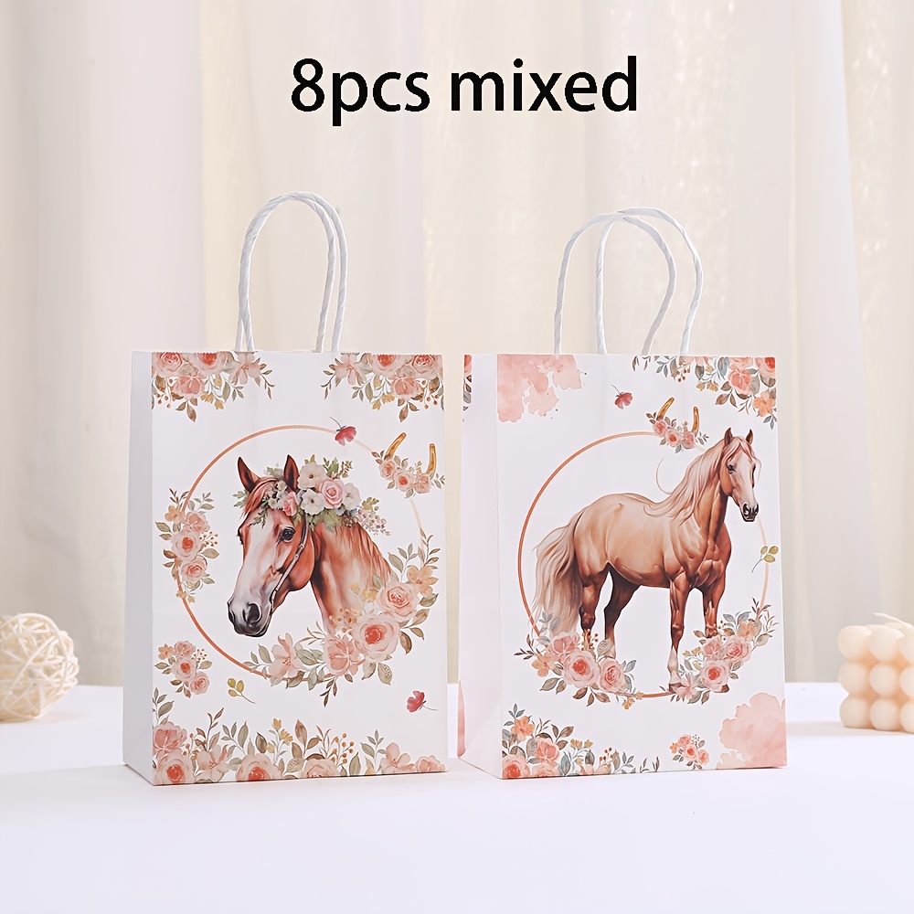 E-shop Papiertüten mit Aquarell-Pferde-Druckmuster, Pferde-Blumenmuster-Geschenktüten mit Griffen, Pferde-Mottoparty-Mitgebseltüten für Geburtstag,