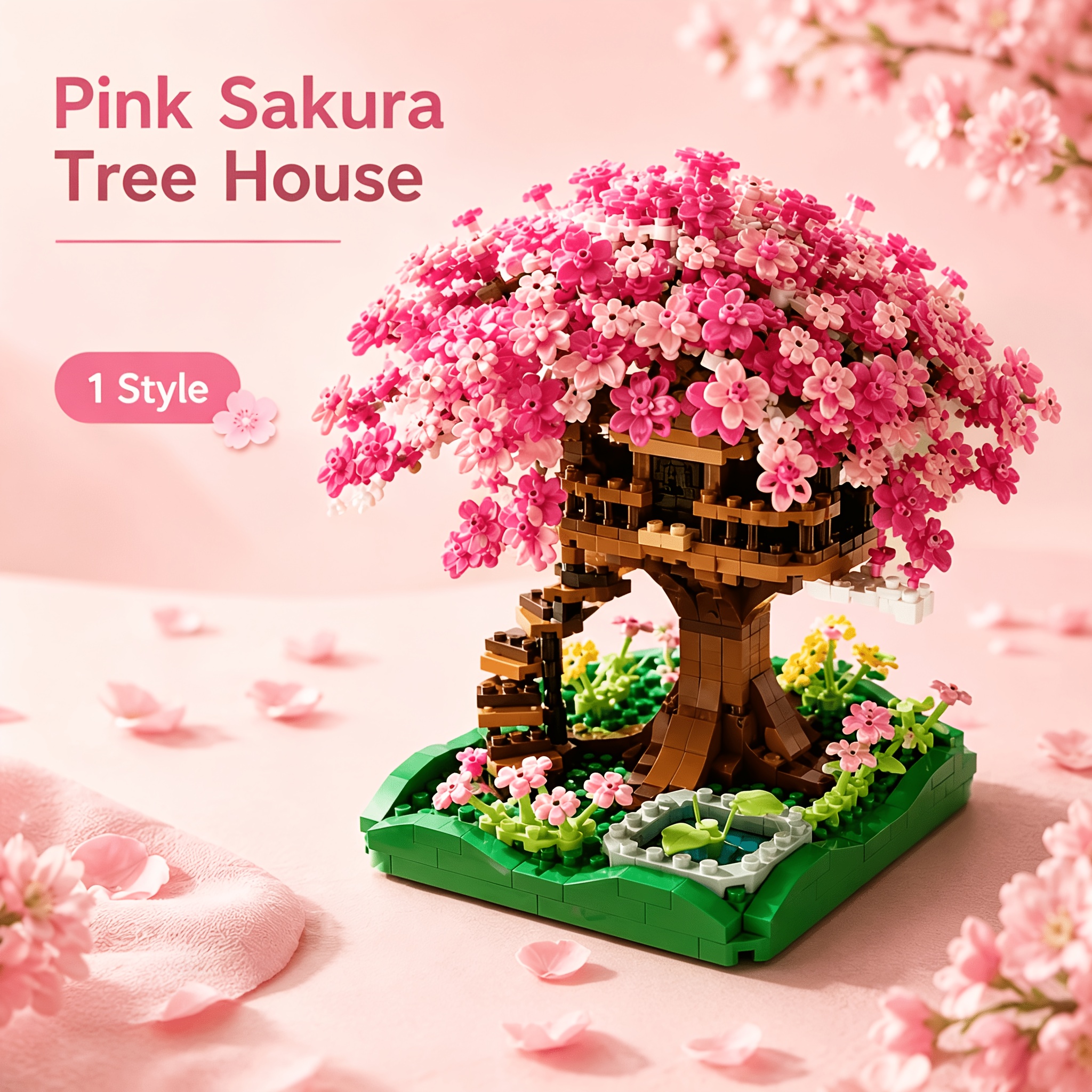 TEMU Pink Cherry Treehouse Building Suitable For Girls, Miniature -themed Model With Tiny Particle, Potted Plant Architectural Decor For Desktop,