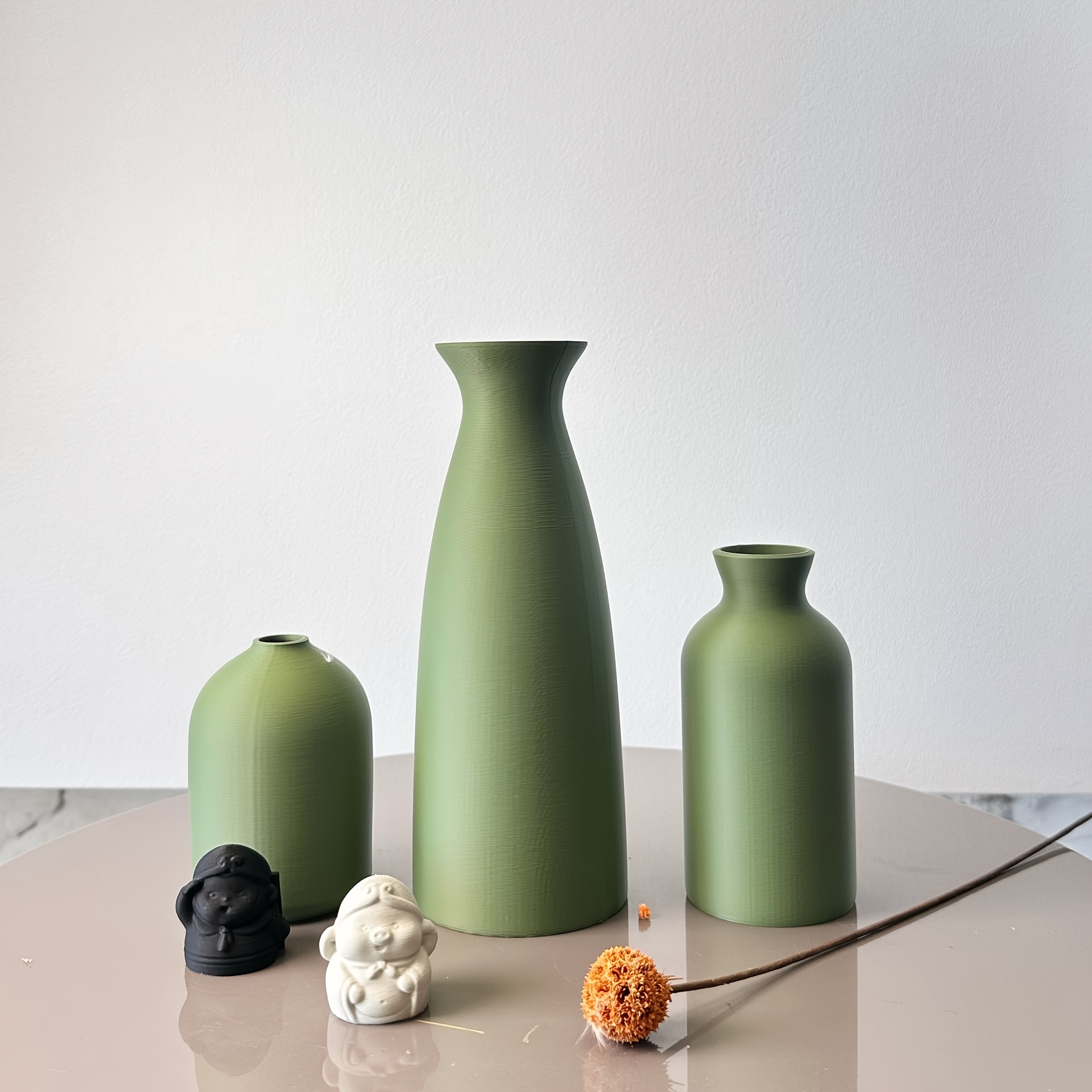 Lot de 3 Vases Décoratifs Art Matcha Vert, Vases à Fleurs Séchées avec Arrangement de Pierres Synthétiques, Idéal pour Décoration d'Intérieur, Entrée ou Bureau