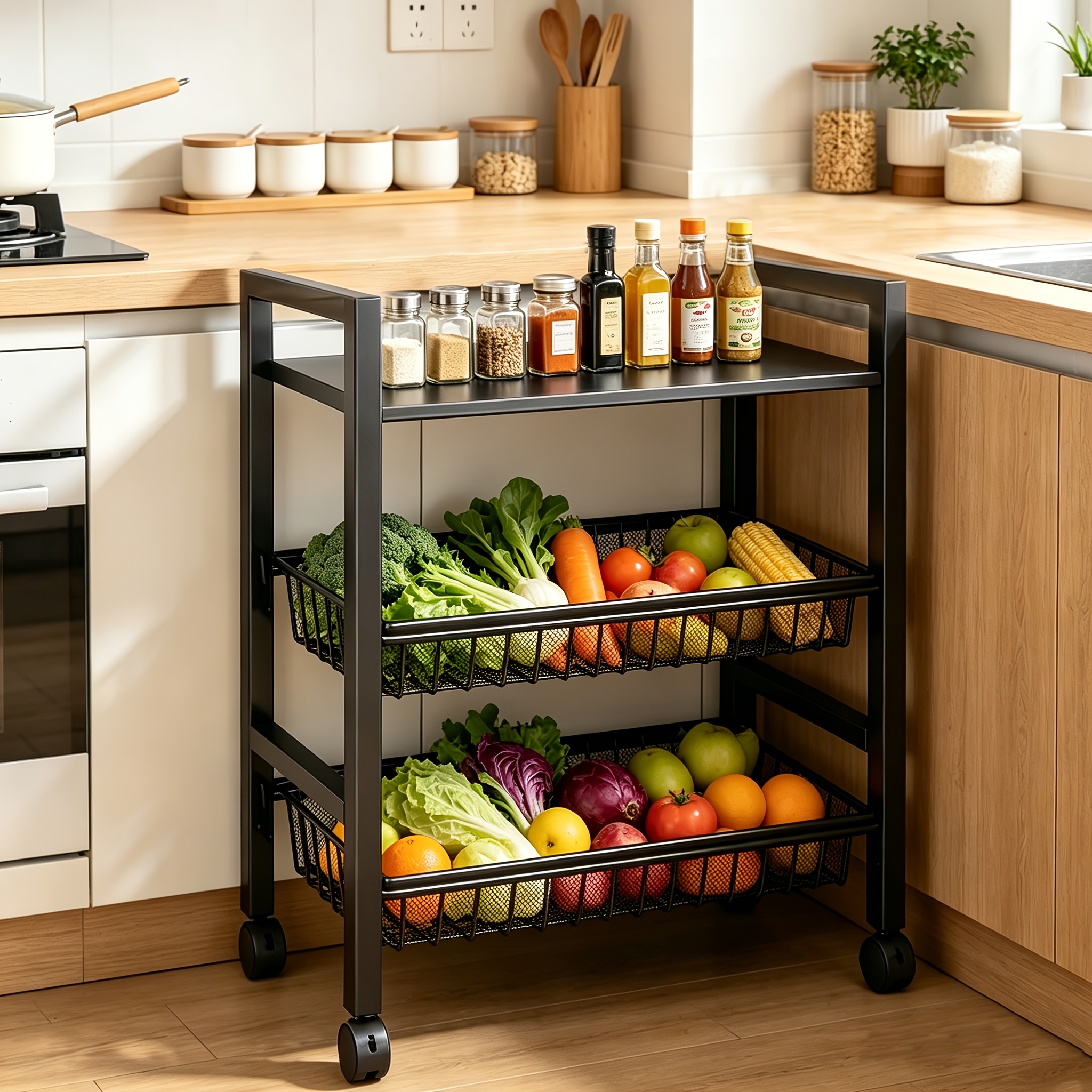 Kitchen Storage Shelf with Mesh Baskets, Metal Frame Serving Cart with Wheels, Rolling Baker's Rack with Adjustable Shelves, for Kitchen Bathroom Living Room Office