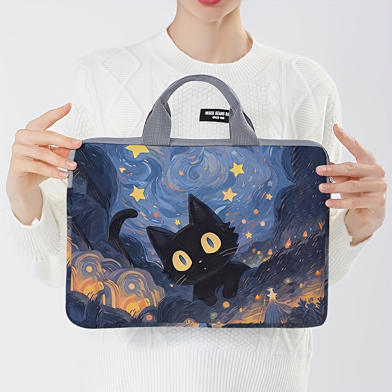 TEMU Starry Night Black Cat 15-inch Laptop Sleeve - Lightweight Polyester Zippered Case With Fixed Shoulder Strap, Ideal For Daily Commute & Travel, Laptop Bag