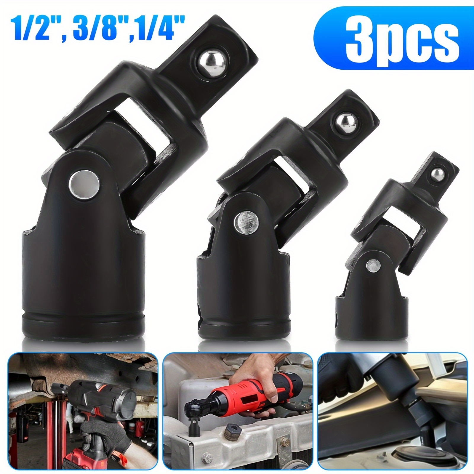 

3pcs Universal Joint Socket Swivel Set, 1/4" 3/8" 1/2" Drive Sockets Tool, For Bicycles, Cars, Mechanical Car Repairs