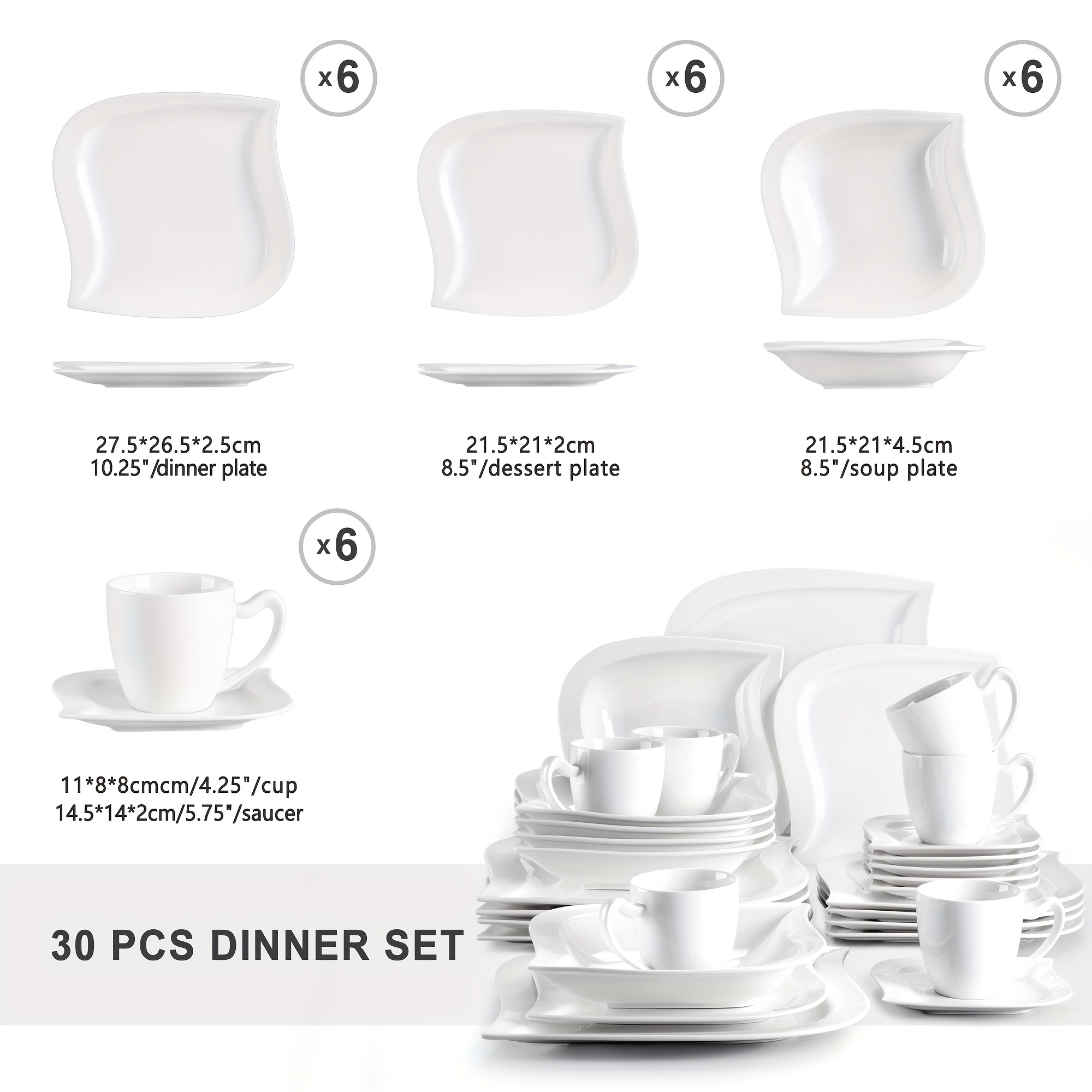 E-shop 30-teiliges Abendessen-Set aus Elfenbeinweißem Porzellan mit 6 Tassen, Untertassen, Dessert-Suppe-Abendteller Geschirrset für 6 Personen
