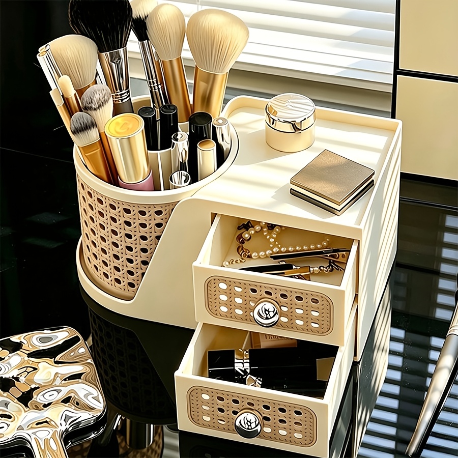 TEMU Creamy White Rattan- Organizer - Large Capacity Multi-functional Desktop Storage Box With Drawers, Vanity Lipstick And Skincare Organizer,