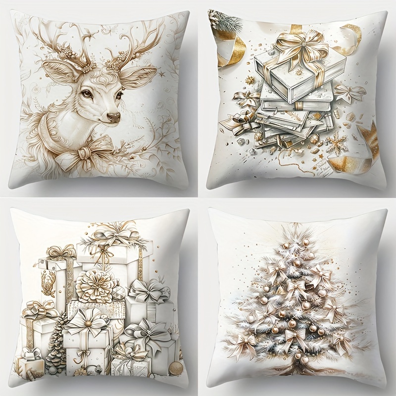 TEMU Set Of 4, Featuring Christmas-themed Designs Including A Christmas Tree, Gift Box, And Deer Pattern Pillowcases. Each Measures 17.72 X 17.72