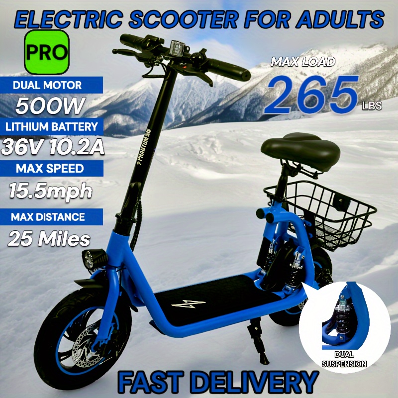 

Electric Scooter For Adults - Foldable Scooter With Seat & Carry Basket - 500w Brushless Motor 36v - 15mph 265lbs Max E Mopeds For Adults - Blue