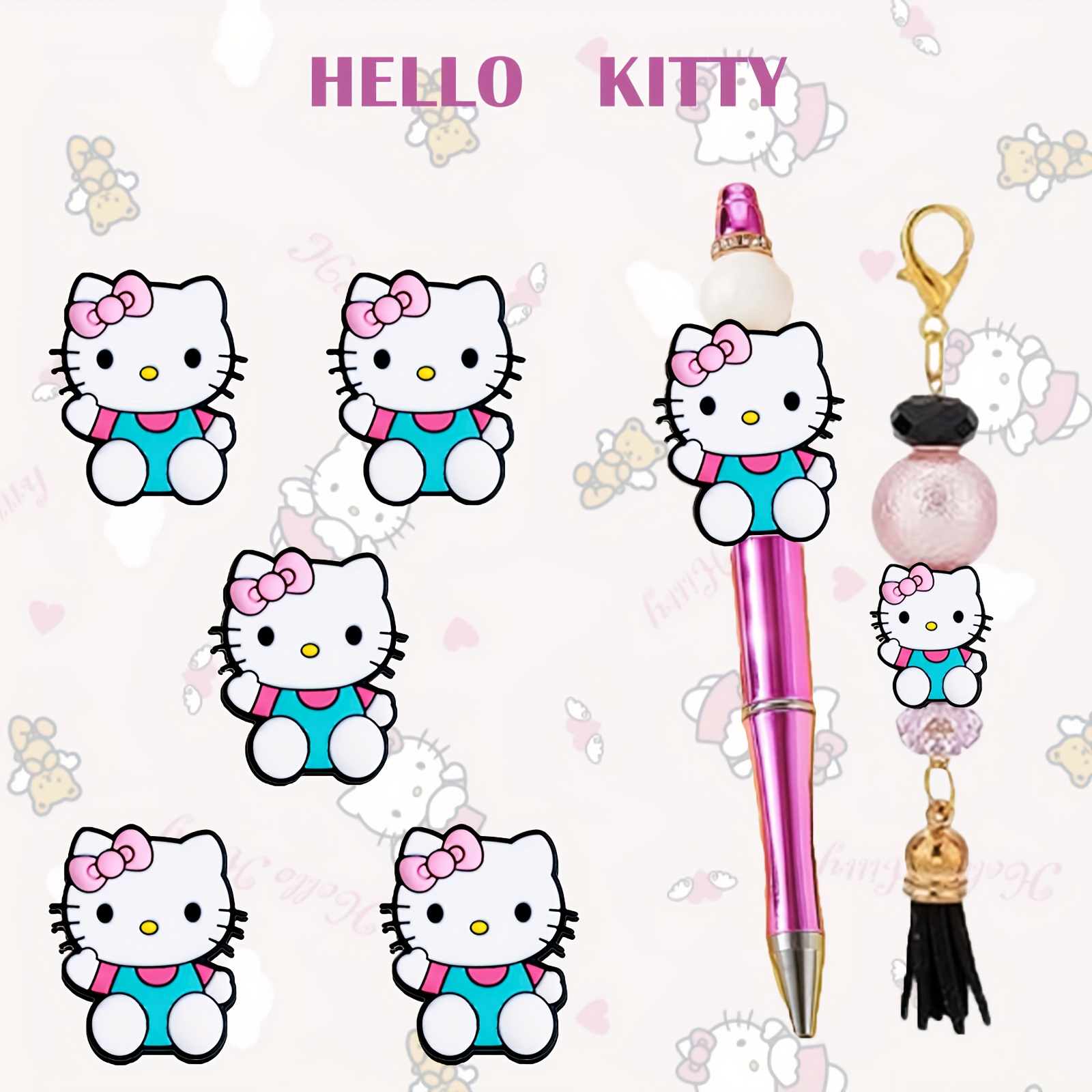 

6pcs Hello Kitty Silicone Beads, Flat Silicone Bead Assortment For Making, Bead Crafts, Pen Decorations, Keychain Charms