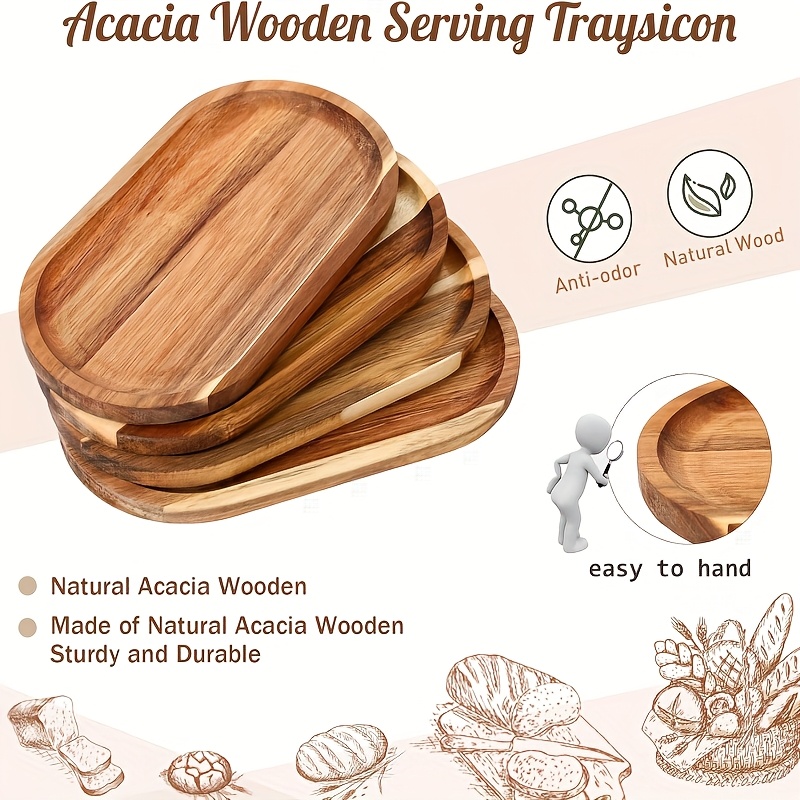 Image of 4pcs Oval Wooden Tray, Country Style Large Display Tray, Spring Decoration, Outdoor Camping Tableware-suitable For Kitchen Meals, Meat, Cheese And Fruit