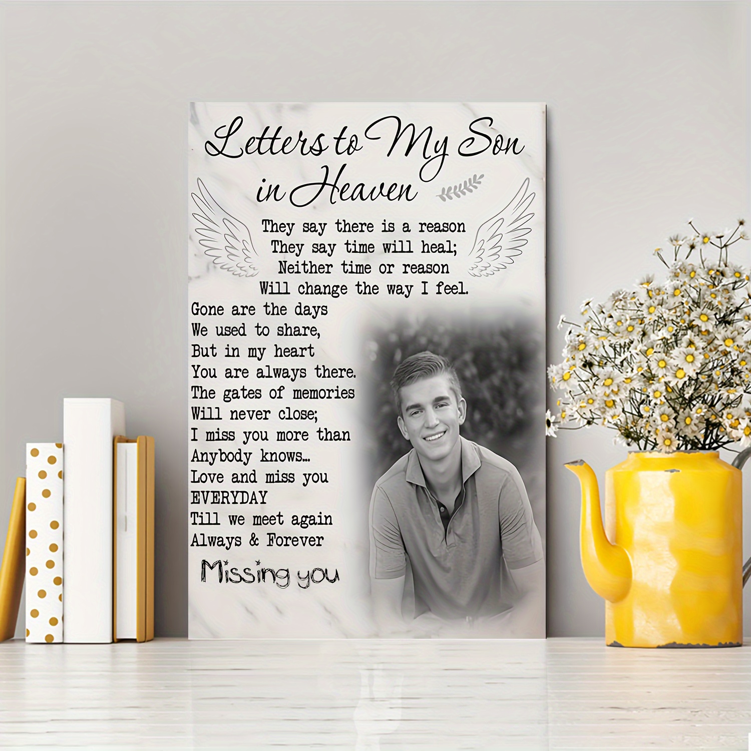 

1pc, Personalized Wooden Framed Canvas Painting, Custom Photo Gift For Loss Of Son Letters To My Son In Heaven, Custom Poster, Home Wall Art And Decor, Festival Gift For Her Or Him, 11.8x15.7inch