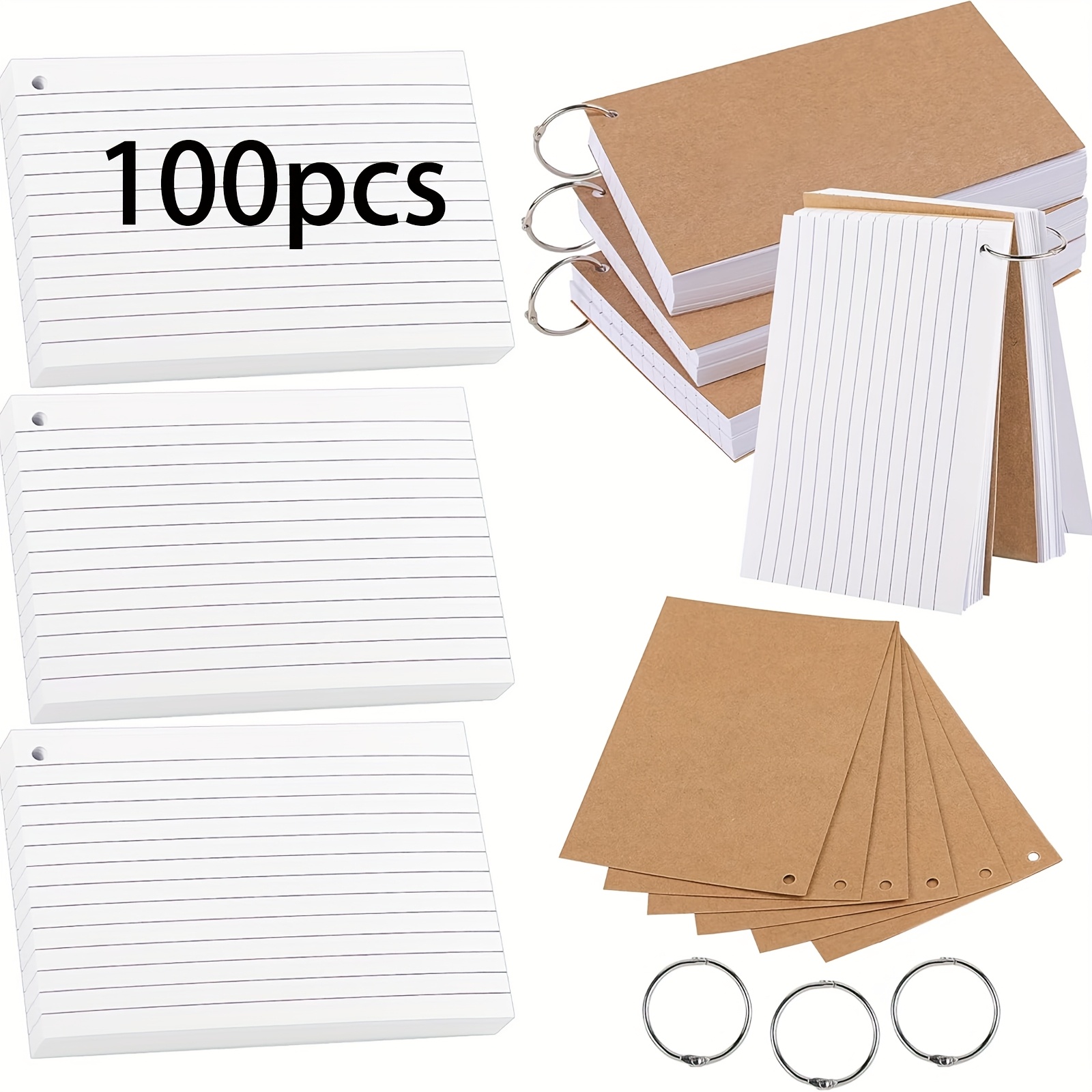 TEMU 100 Cards, White Ruler Index Cards, Ribbon Binders, Blank Flash Cards, Office, School, Home Learning Record Cards