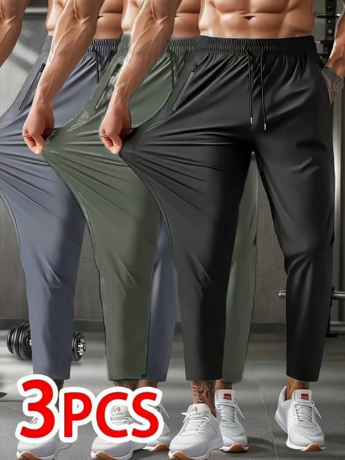 3pcs ice silky fiber joggers breathable stretchy athletic pants with zippered pockets ideal for running gym workouts and outdoor activities black gray khaki running gear casual sportswear high outdoor