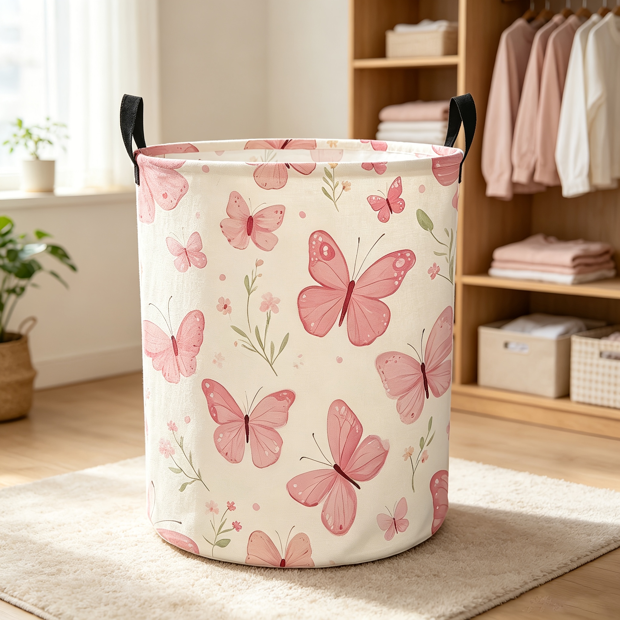 TEMU 1pc, Panier à linge rond à motif floral papillon rose avec poignée, convient aux vêtements, articles divers, etc. - Idéal pour salle de bain,