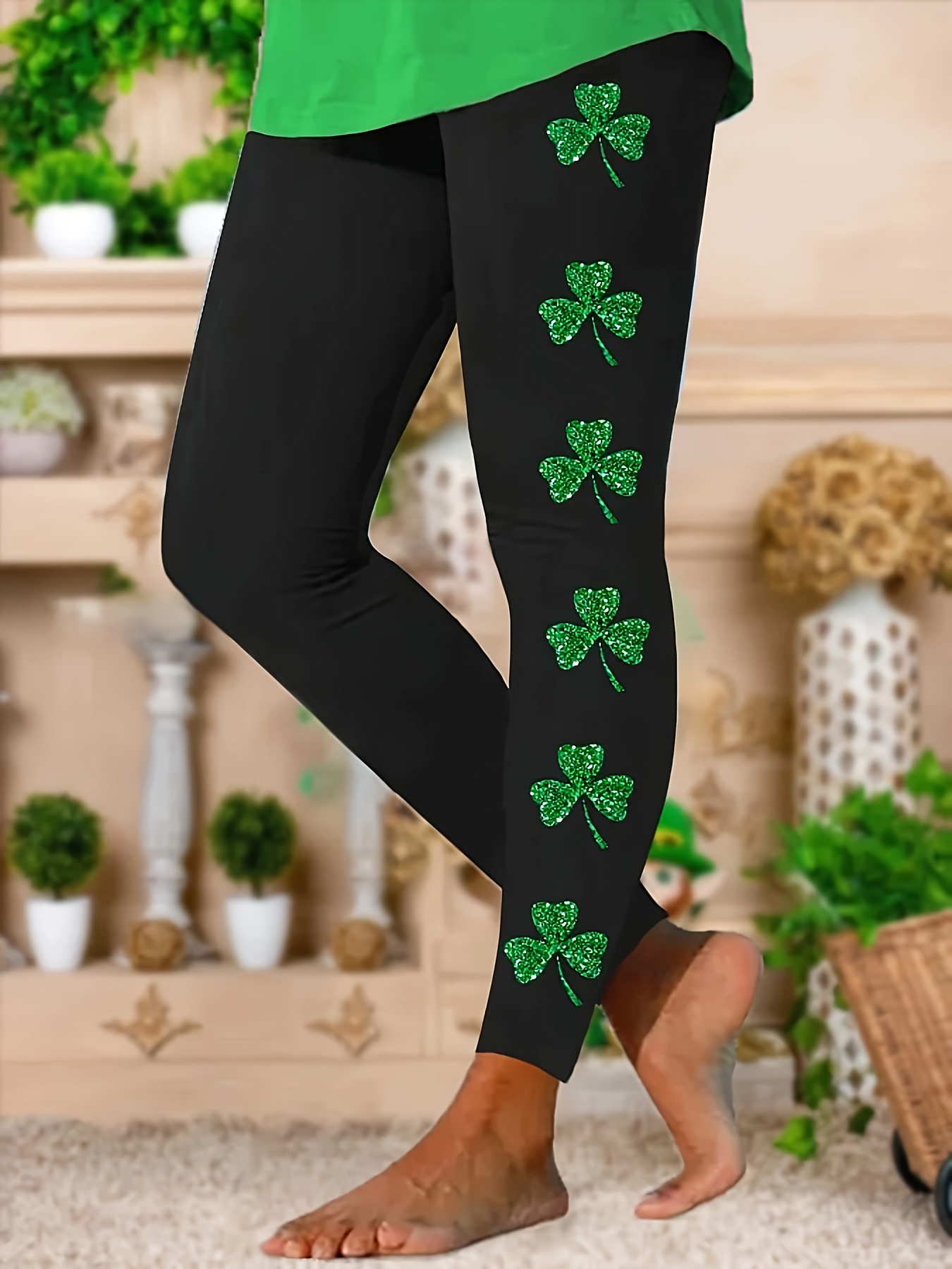 St. Patrick's Day Clover Print Skinny Leggings Casual High - Temu Canada