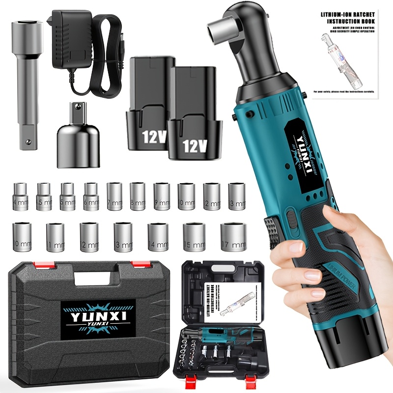 TEMU Cordless Electric Ratchet Wrench Set With Right-angle Wrench Suitable For Car Repair, Home Renovation, Nut Removal Tool, Portable Power Tool For