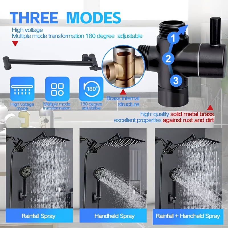Shower Head, High Pressure Rainfall/Handheld Shower Combo With Extension Arm, 9 Settings, Anti-Leak Shower Head With Holder, Height/Angle Adjustable, Chrome, Matte Black