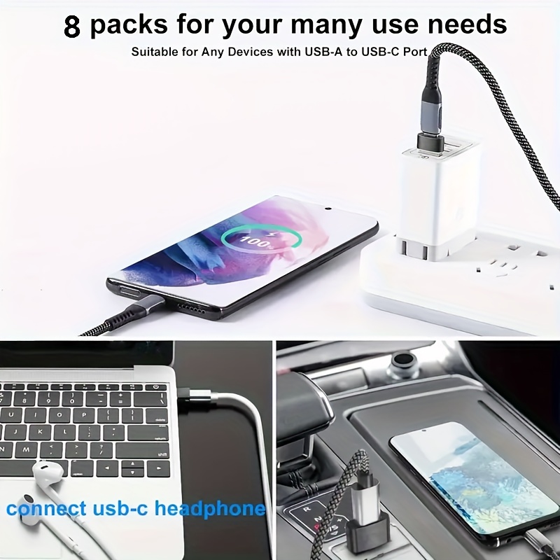 8 adaptadores de USB a USB C, conector hembra USB tipo C a USB, convertidor micro USB a USB C hembra/macho, para laptop, auto, teléfono inteligente, audífonos, micrófono y PC