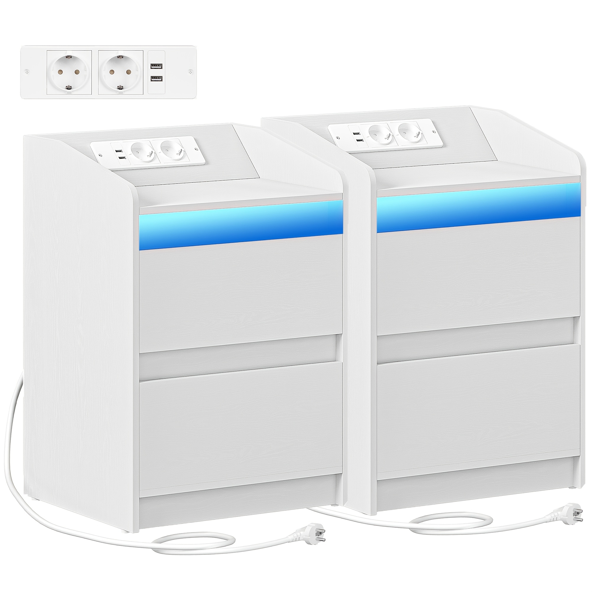 2pcs Bedside Table Set, Includes Led Light, Charging Station, 2 Drawers, Usb Port, And Socket. Stylish And Versatile, Suitable For Living Rooms And Bedrooms