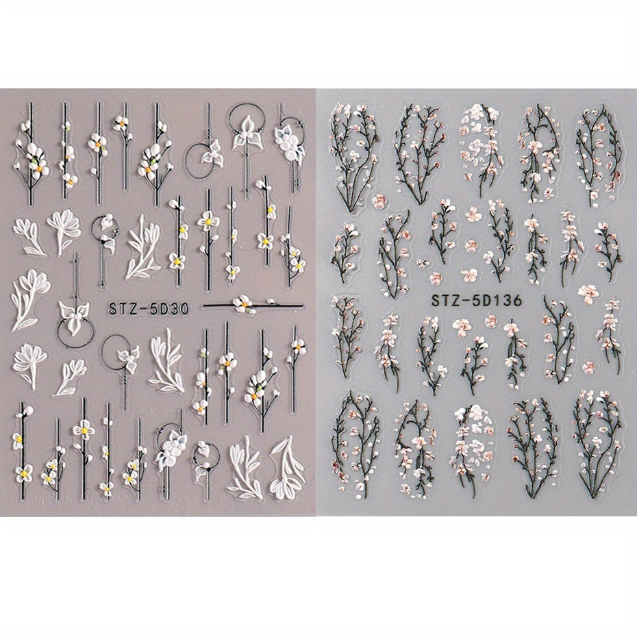 2pcs Of Nail Stickers Featuring Irregular Line Branches, Floral Bouquets, And 5d Embossed Peach Blossoms, Self-adhesive Decorations For Nails