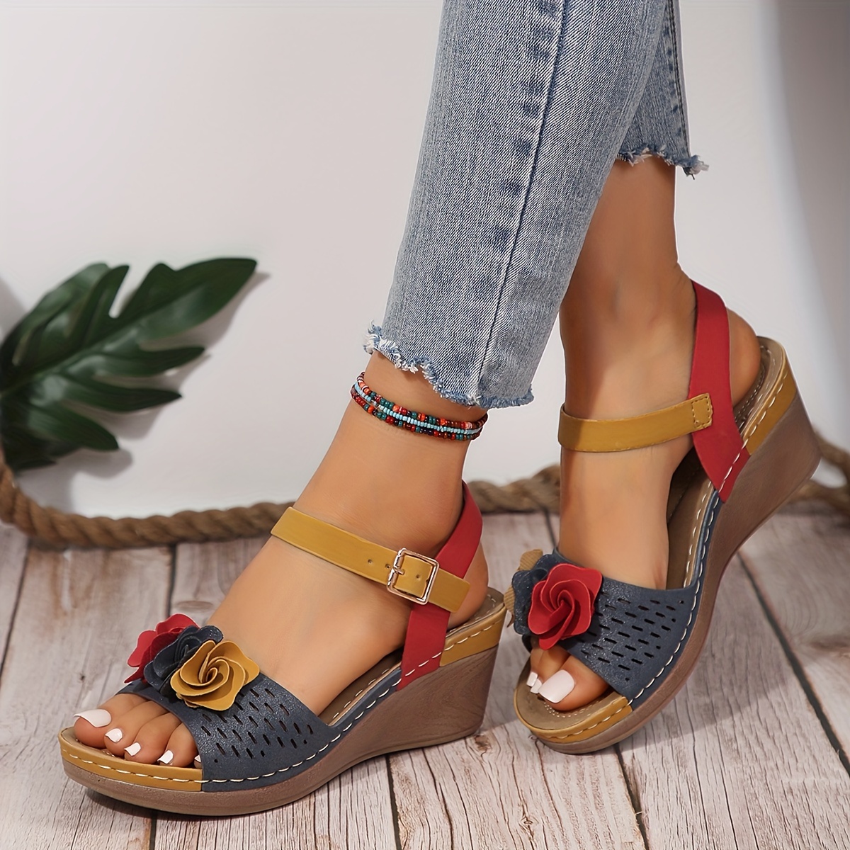 

Women's Colorblock Fashion Sandals, Sweet Style Lightweight Floral Decor Vacation Shoes, Summer Wedge Soft Sole Footwear