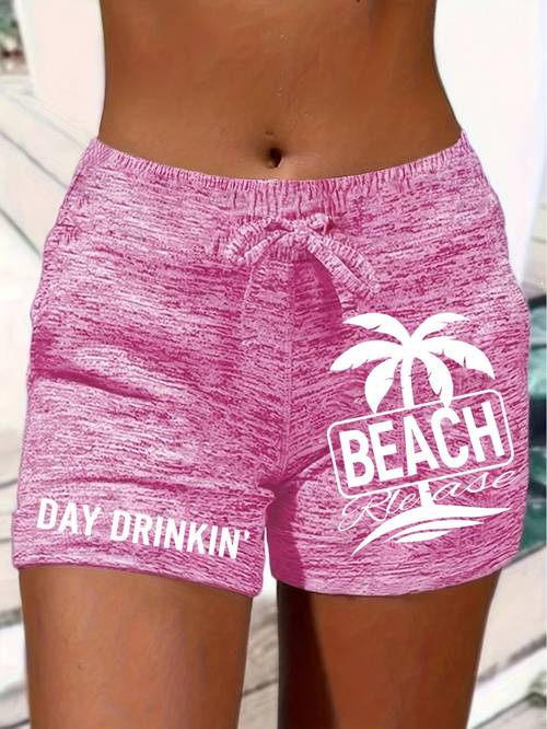 beach coconut tree and letter print womens casual sports shorts with drawstring waist stretchy and comfortable for spring and summer wear print shorts elastic material