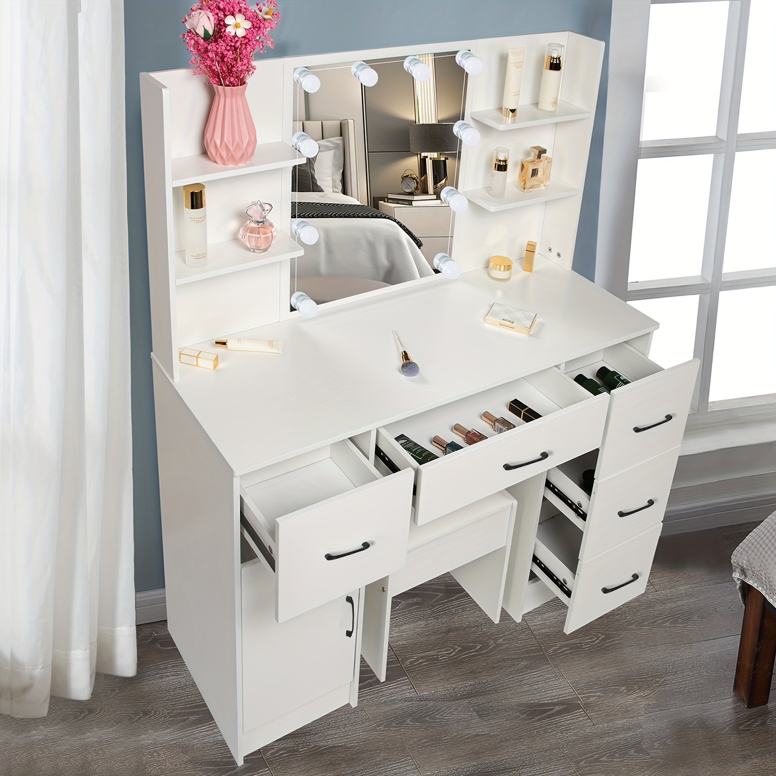 Modern White Solid Dresser with Illuminated Mirror