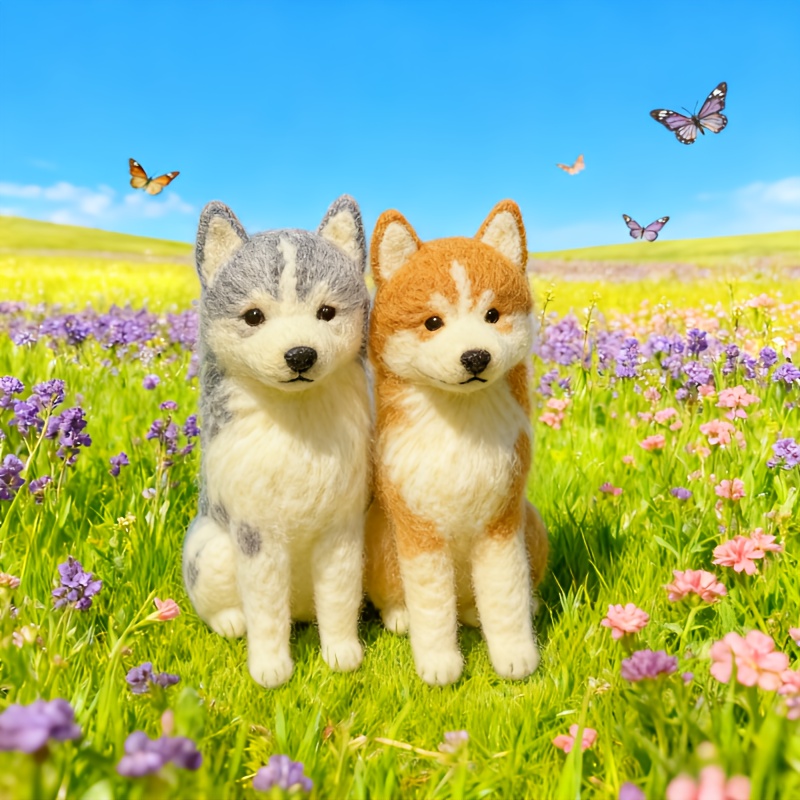 adorable wool felt animals two wolf dogs handmade mini desktop ornaments natural wool bag accessories   diy materials tools instructions etc an   gift for  