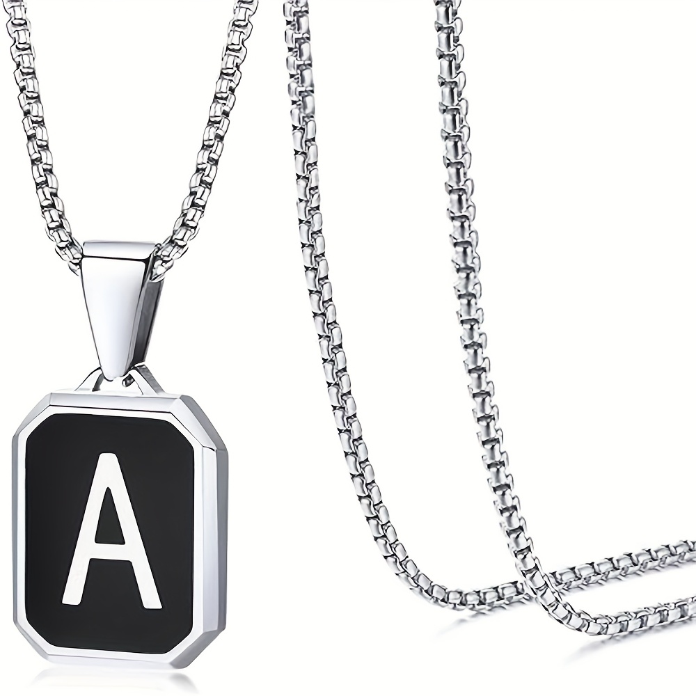 TEMU 1pc Unisex Initial Necklace, A-z Letter Pendant Necklace, Black/silvery Square Men's 201 Stainless Steel Letter Charm Gift Jewelry, 24-inch Box