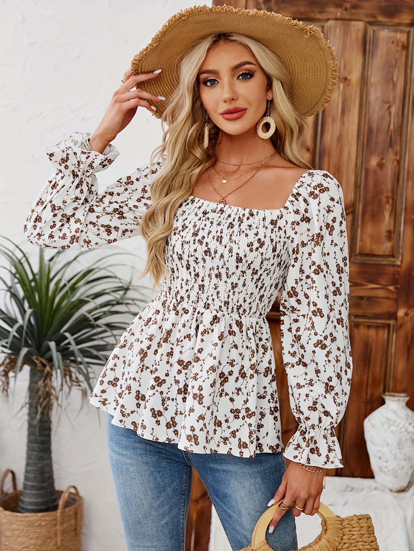 Floral Print Smocked Lace Square Neck Blouses Casual - Temu