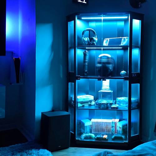 glass corner display case collectible display case with 3 color led lights 4 layer large capacity storage display case toy and trophy storage cabinet intelligent sensor light switch