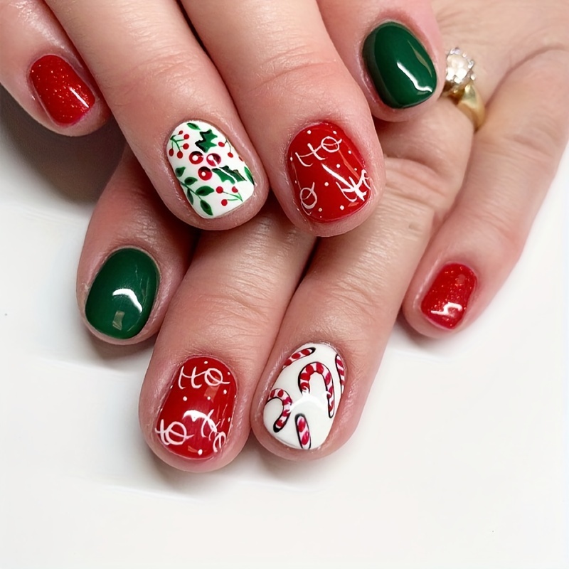 

24pcs Christmas Press-on Nails, Short Square Shape With Ho Lettering, Red And Cane Design, Holiday Manicure Set