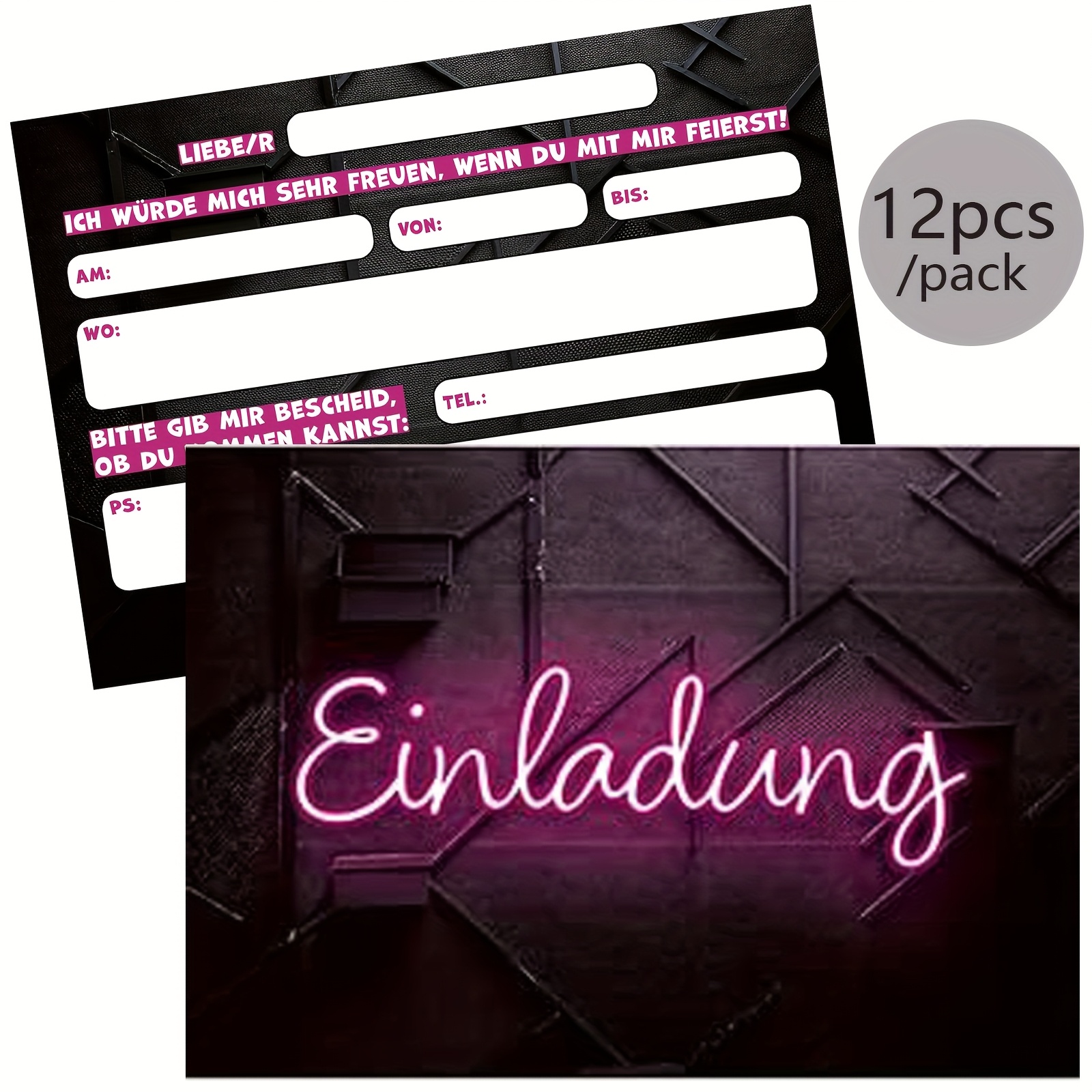 E-shop 12 x Neon Einladungskarten, stilvolle Einladung im Neon-Schriftstil für Geburtstage, Geburtstagsparty, Geburtstags-Einladungen