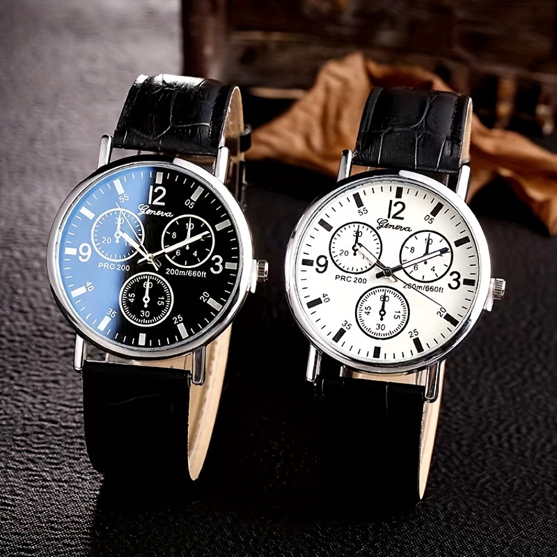 

Classic Quartz Watches, Round Dial With 3 Subdials, Arabic Numerals, Vintage Style, Pu Leather Strap, For Men And Women