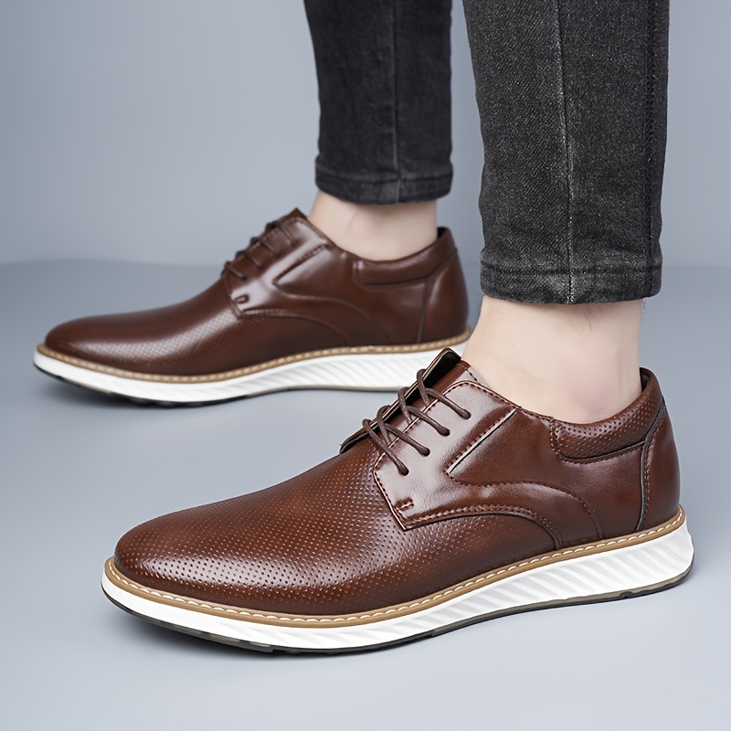 *'S Genuine Breathable Perforated Business Casual Shoes Low-Top Lace-Up  Round Toe with Rubber Sole for Office, Semi-Formal Casual Attire