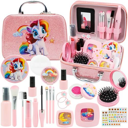 speelmake- voor kinderen met gesimuleerde lippenstift, poeder, oogschaduw, nagellak, blush en speelgoedmodellen, meisjes speelmake- , met make-updoos handtas, geschikt voor verjaardagscadeaus en vakantiecadeaus voor meisjes