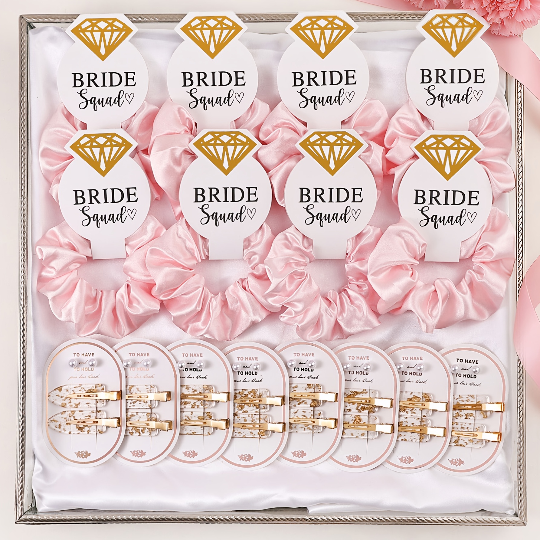 Image of 40pcs Pink Satin Elastic Hair Ties Pearl Earrings Hair Clips Wedding Proposal Bachelorette Party Bridesmaid Gifts Diamond Card Damage- Ties