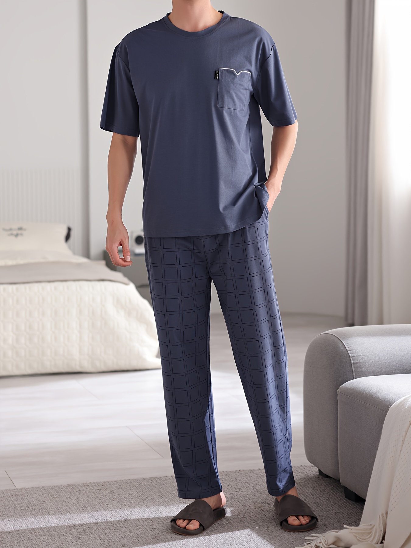 Men'S Summer Cotton Pajama Set, Casual Crew Neck Short Sleeve Long Pants with Pocket, Knit Fabric, Regular Fit, Slight Stretch, Solid Color, No Belt, Home Wear - Large Size
