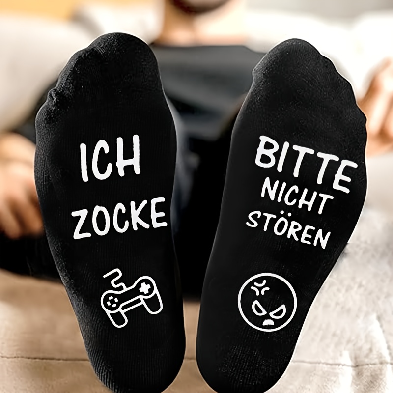 Pair Of Black And White Adhesive Game Mid-calf Breathable Floor Socks ", Ich Zocke" Adhesive Breathable Anti-slip