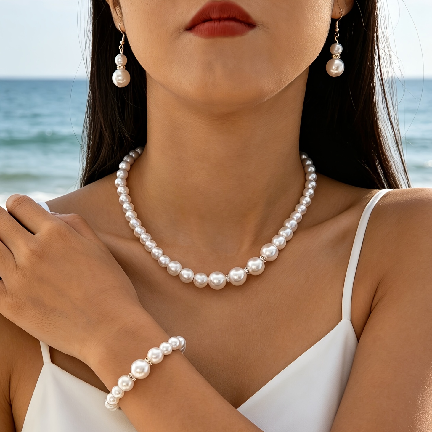 TEMU 3 Collares, pulseras, colgantes, aretes y sets de joyería de de perlas, elegantes y lujosos, ideales para y banquetes, regalos perfectos para