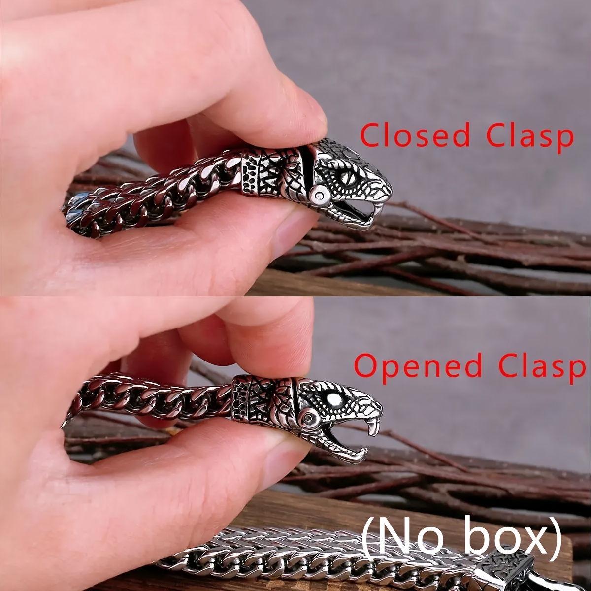 Fade Resistant Stainless Steel Viking Snake Head Bracelet for Men