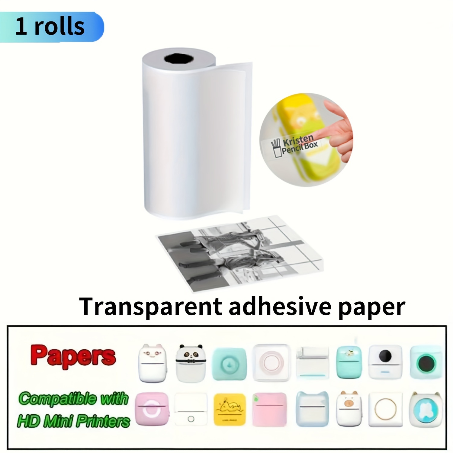 TEMU 1 Roll Transparent Adhesive Thermal Paper Can Print Pictures, Photos, Diy Scrapbooking, Notes, Lists, Memo And More, Small Mini Printer Universal