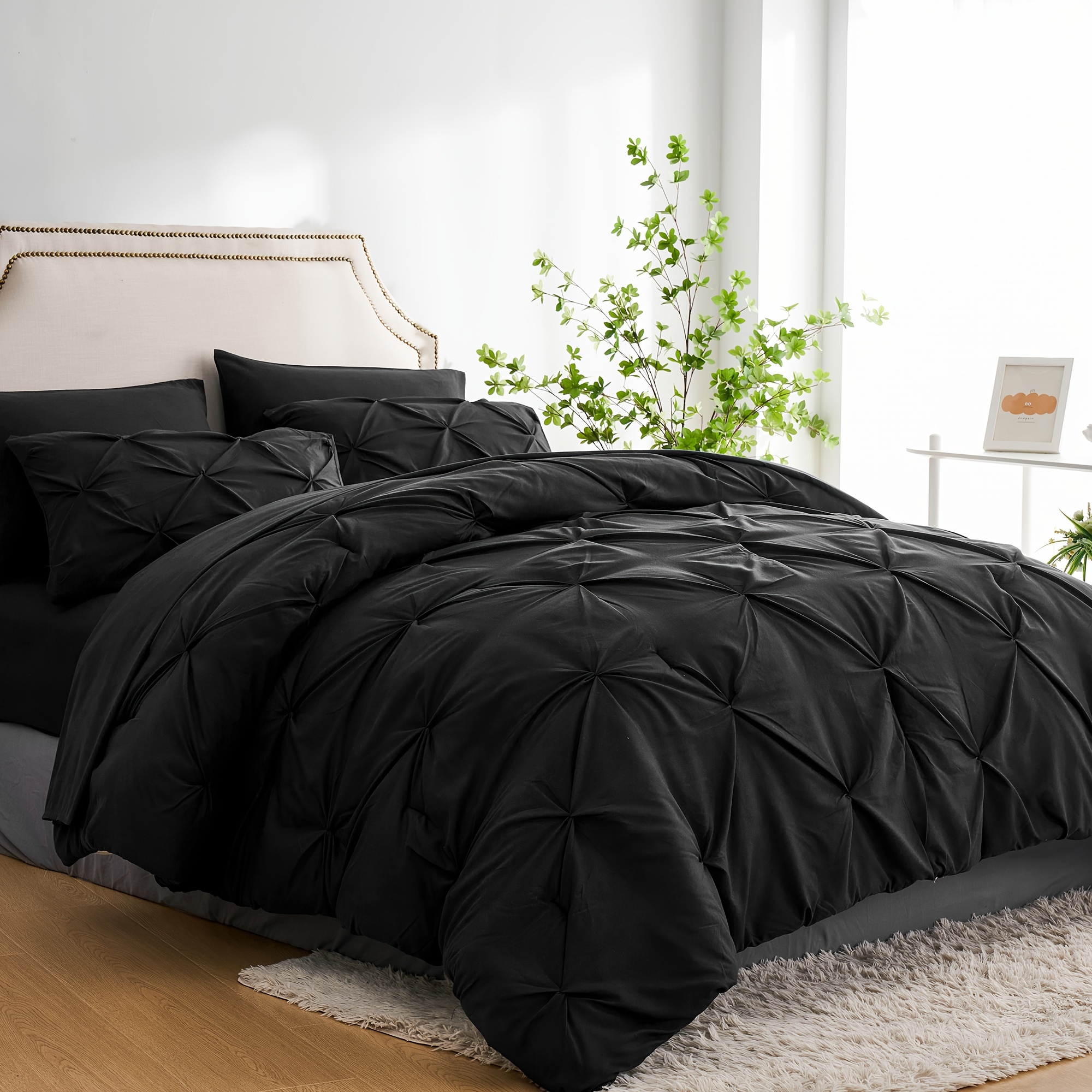 

Elnido Queen 7pcs Queen Comforter Set With Sheets, 7 Pieces Pintuck Bed In A Bag, Queen Size Bed Set, For All Seasons, Pinched Pleat Bedding Sets, Black Full Queen