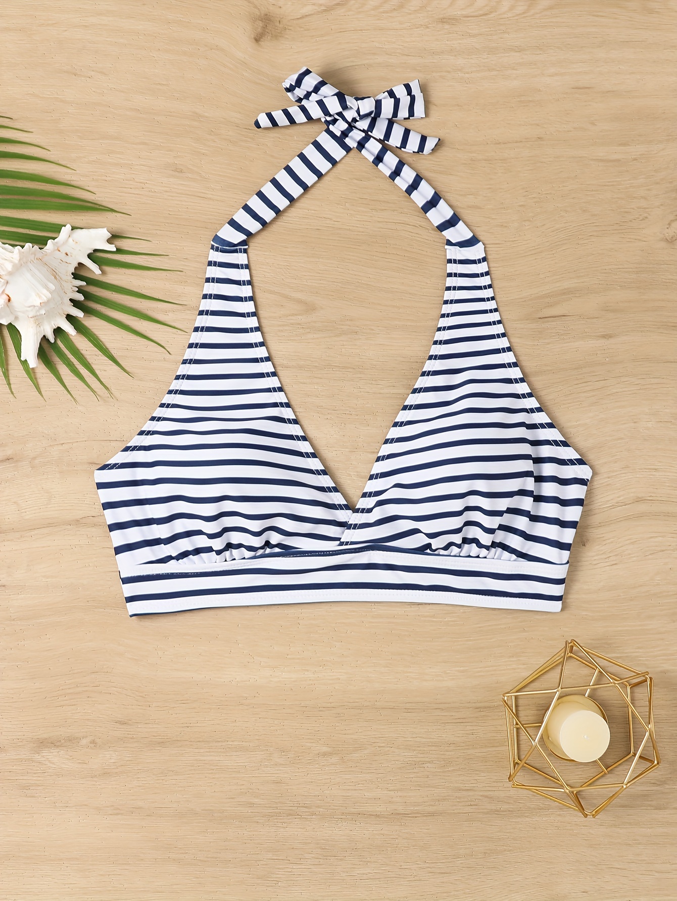 Deep V Neck Halter Tie Neck Bikini Top, Backless High Strech Stylish Swimsuit Top, Women's Swimwear & Clothing