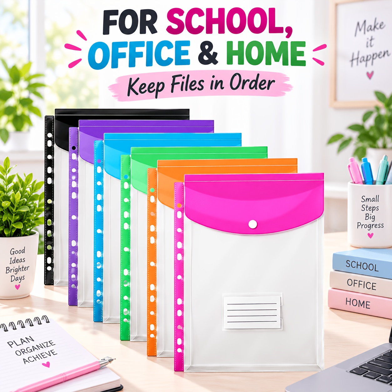 TEMU 12pcs A4 File Folder Set With Buttons (6pcs Folders And 6pcs Label Cards), 11-hole Binder Pouches, Clear Plastic Document Organizer For School,
