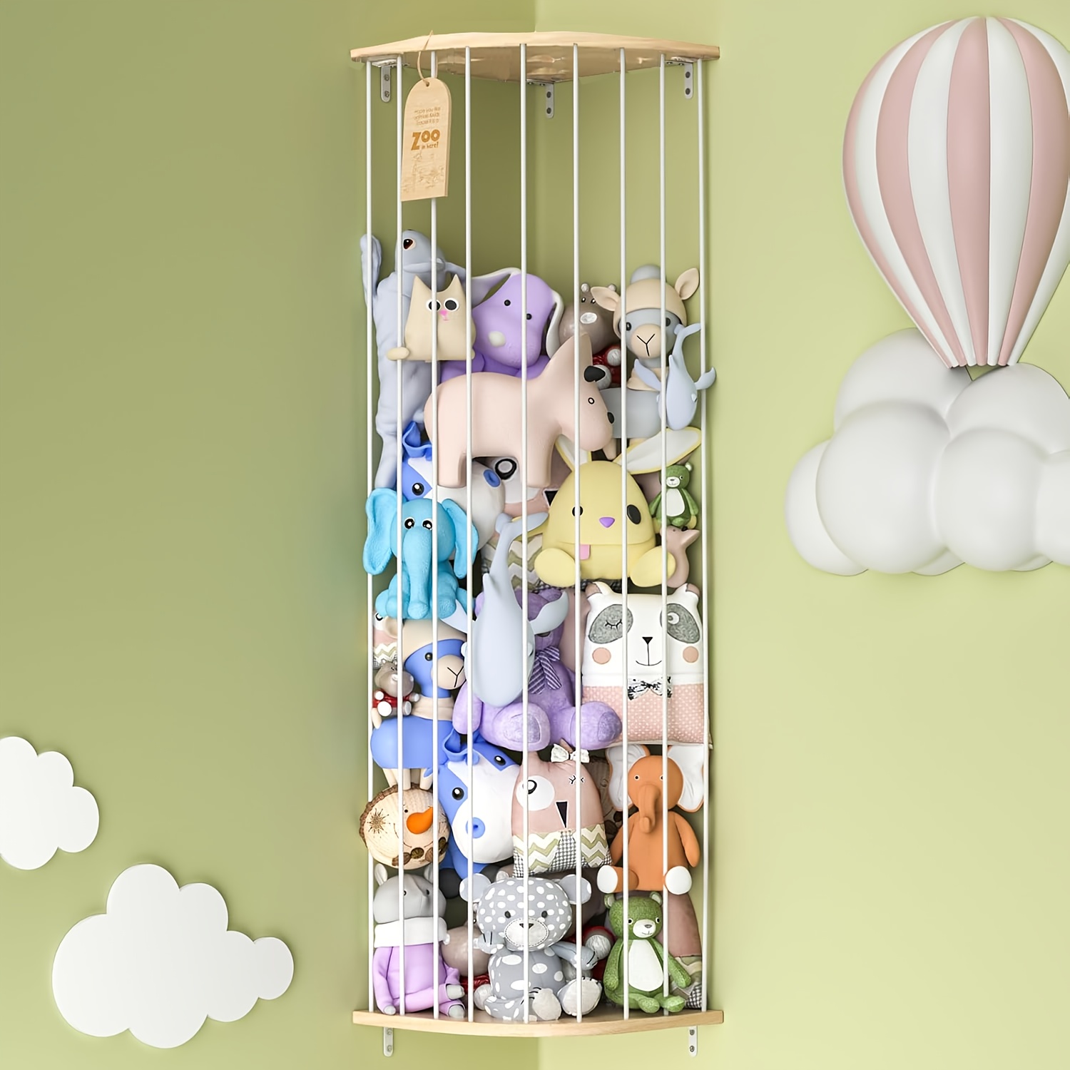 Adjustable Wooden Toy Storage Hammock, Wall Mounted Organizer for Stuffed Animals