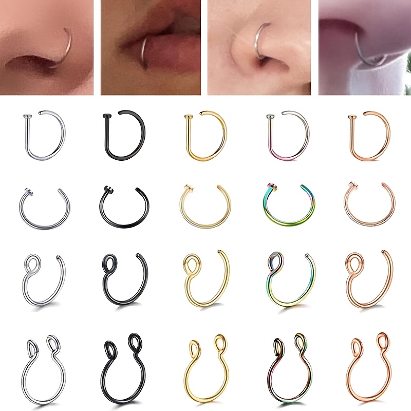 TEMU 20pcs Women's Fake Piercing Nose Ring Set, Punk Style Non-piercing Lip Ring, Septum Clicker, Stainless Steel Non-piercing Fashion Body Jewelry