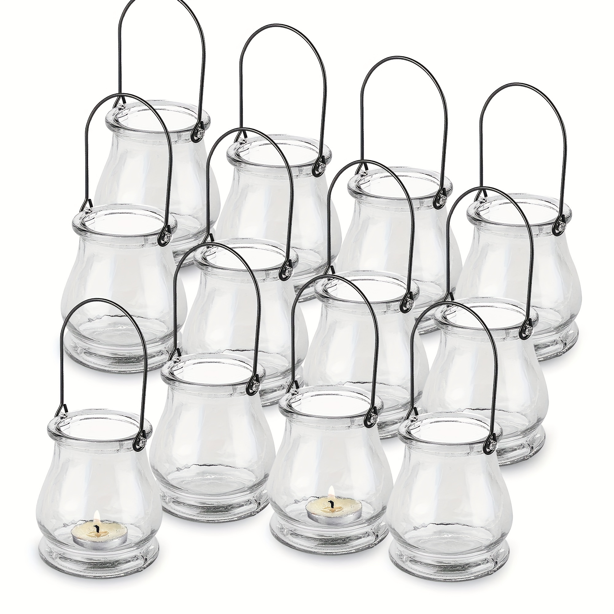 

12pcs Set Vintage Glass Tea Light Candle Lanterns With Black Metal Handles - Indoor/outdoor Decor, Home, Garden & Wedding Parties