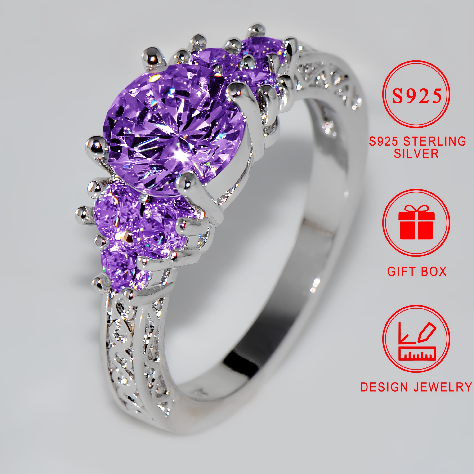 

Elegant 3.5g S925 Sterling Silver Promise Ring With Sparkling Purple Cubic Zirconia - Hypoallergenic, Nickel-free, Weddings & Anniversaries, Includes Gift Box