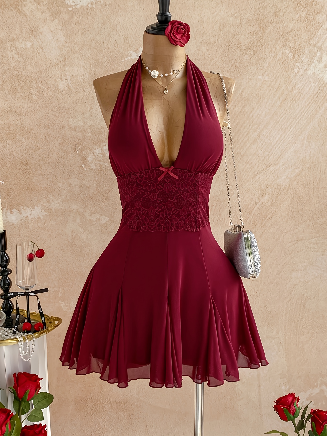 knee length dresses for ladies Lady Black Tie - Teagan Gown - Red - Fitted Satin & Lace Dress