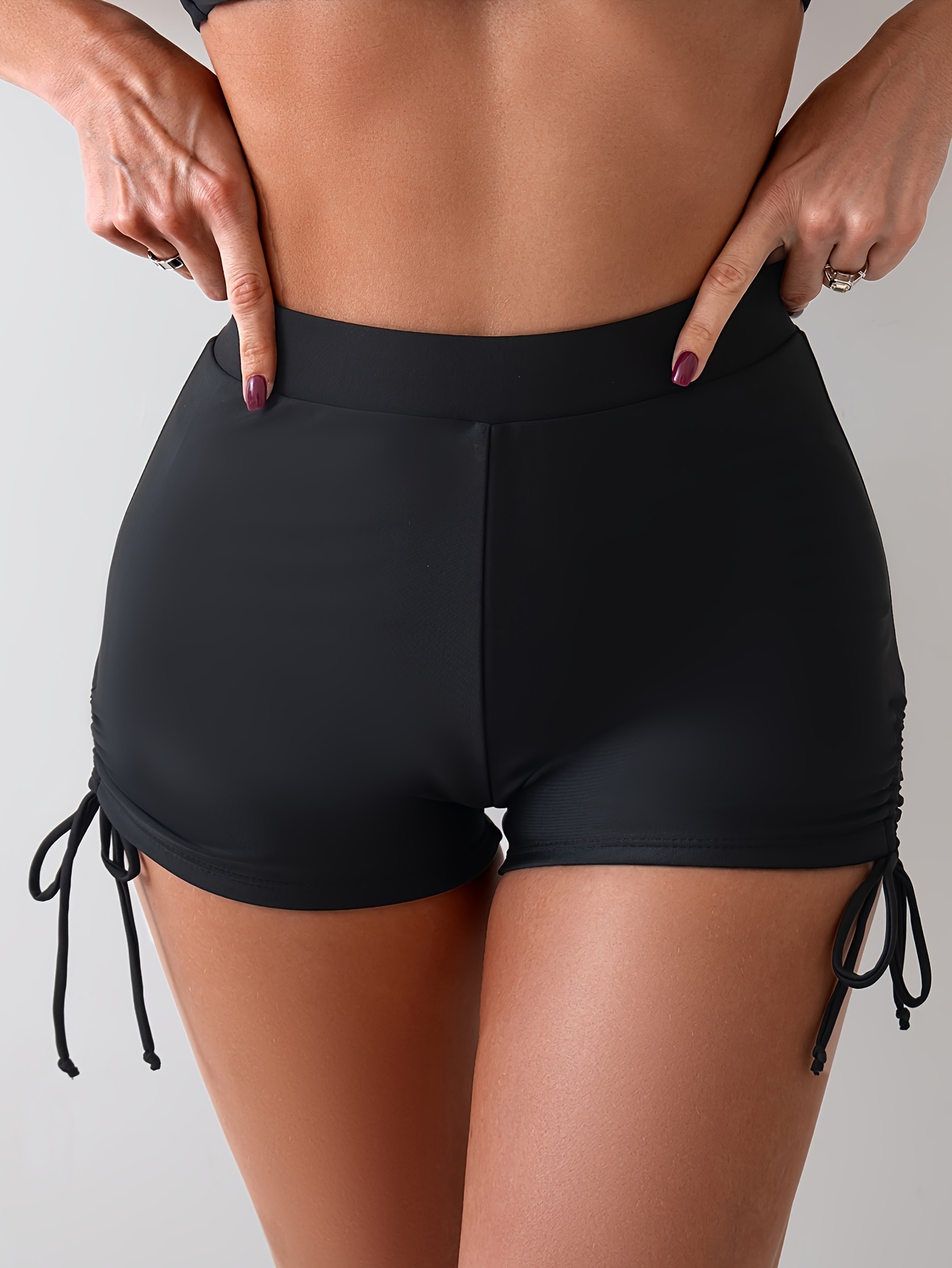 High-Waist Ruched Women's Swim Shorts - Sleek Black, Anti-Slip, Tummy Control with Faux Drawstring Detail, Stretchy Polyester/Elastane Blend, Machine Washable