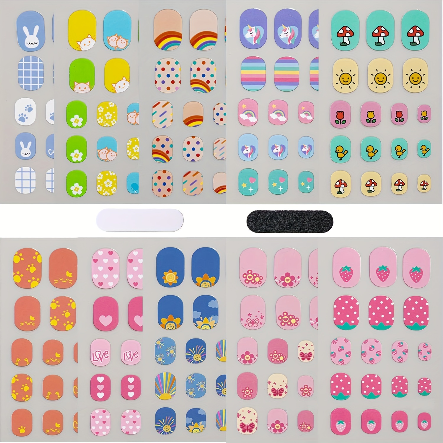 

Cartoon Embellished Nail Art Set - Self-adhesive Resin Nail Wraps For Plastic Surfaces, Glossy Finish, Single Use, With Rainbow, Cat, Bunny, Flowers, Strawberry, Heart, (10 Sheets)